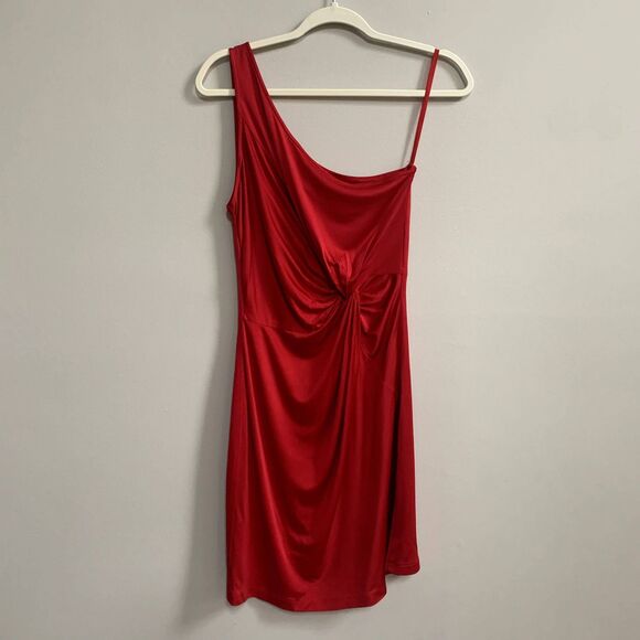 Laila Azhar Dresses & Skirts - Laila Azhar Silk Dress Womens M Ruched Drape Waist Red Y2K Party One Shoulder